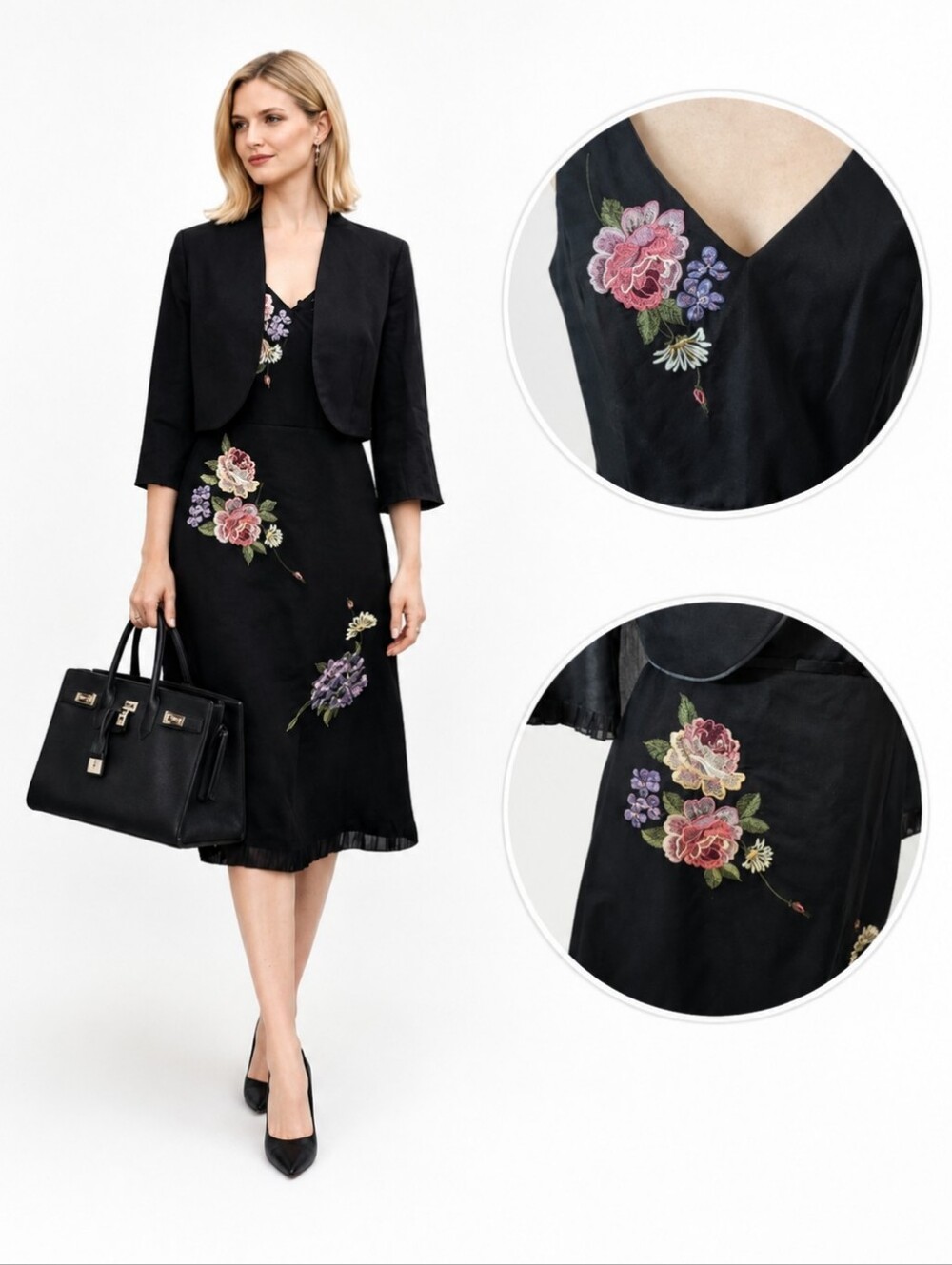 Vtg Black Linen Floral Embroidered Midi Dress Jacket 2 Piece Fairygrunge Sz 10
